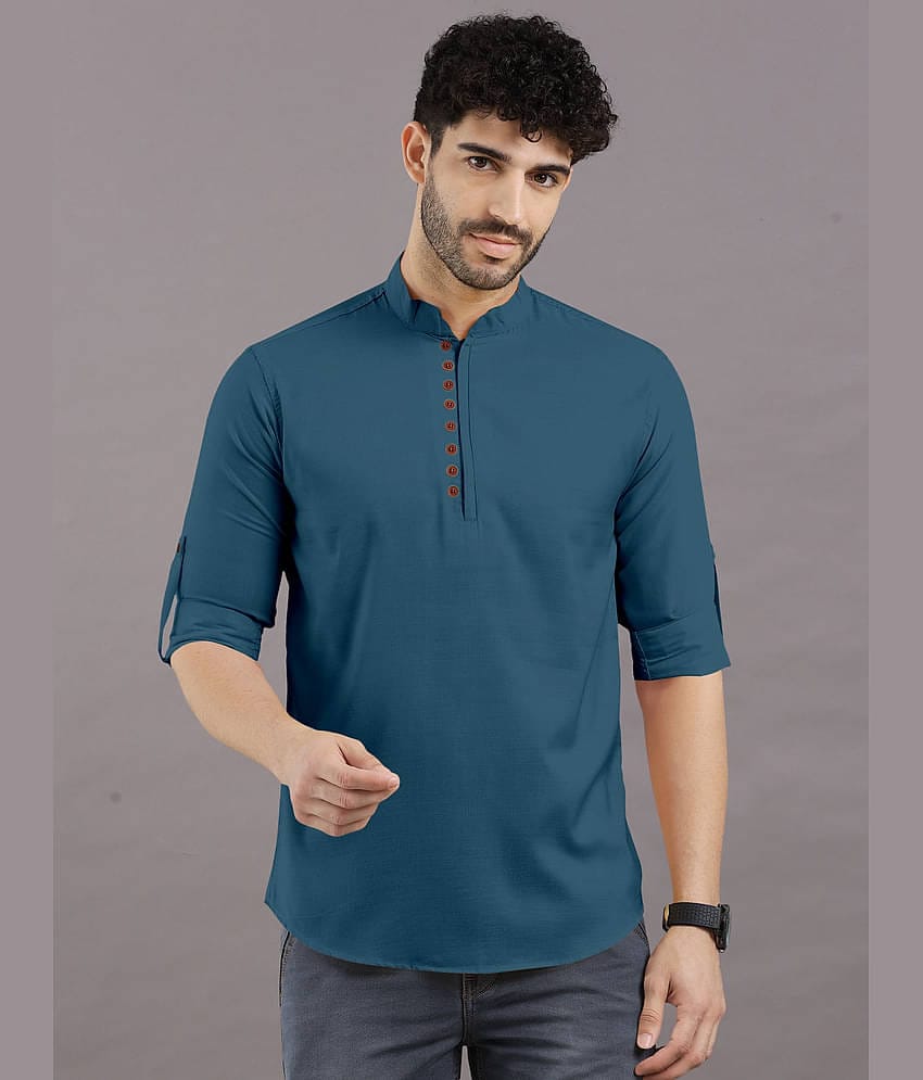 VTEXX Blue Cotton Blend Men's Shirt Style Kurta ( Pack of 1 )