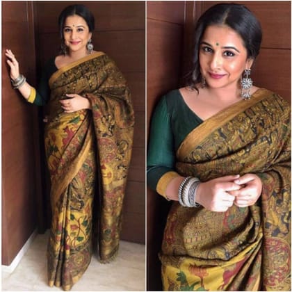 Mustered Yellow Kalamkari Party wear Linen Digital Printed Sari 1292