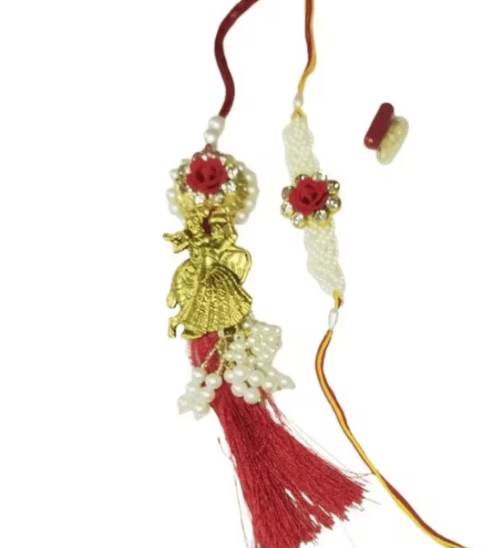 Decorative Lumba Rakhi Set with Pearl Beads, Red Tassel, Gold-Plated Design, Traditional Indian Festival Accessory