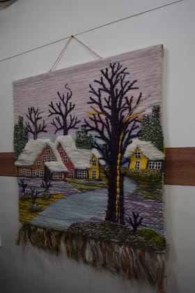 Handmade Winter Village Wall Hanging, Decorative Woven Tapestry with Fringe, Cotton Blend, Snow Scene with Houses, Trees, Landscape Art