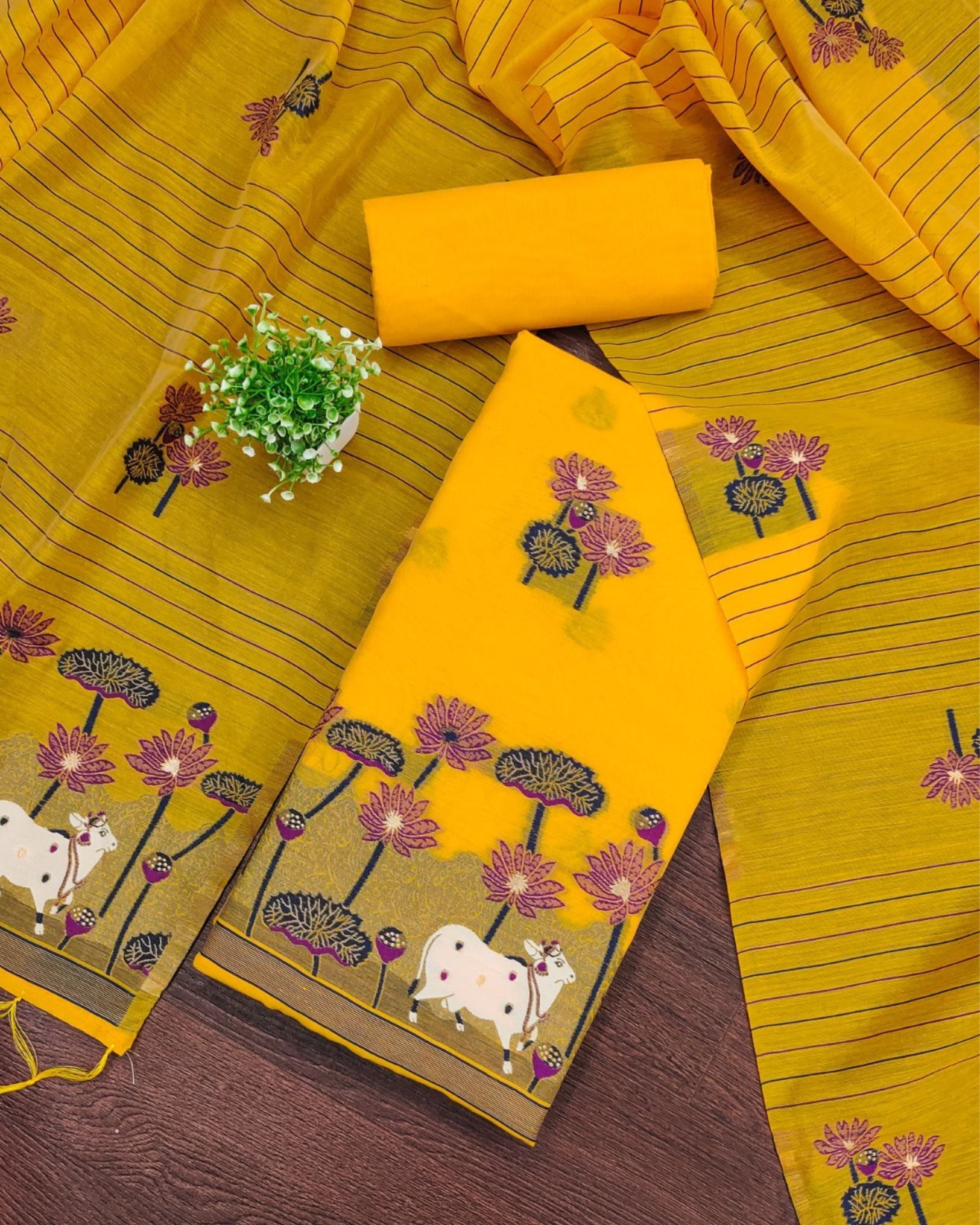 Noor-e-Banaras Brocade Cotton Yellow Suit