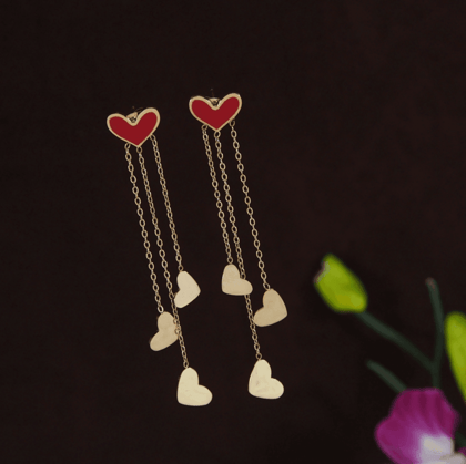 Stainless Steel Gold Plated Red Coloured Hanging Heart Chain Earring- STNER 3913