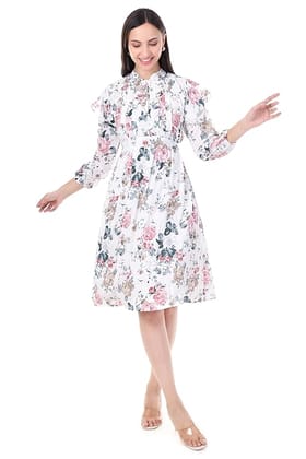 MR ANDERSONS Floral Print Midi Dress with Ruffle Detail and Long Sleeves
