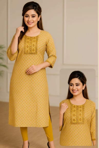 Women's Yellow Printed CottonKurti, 3/4 Sleeves