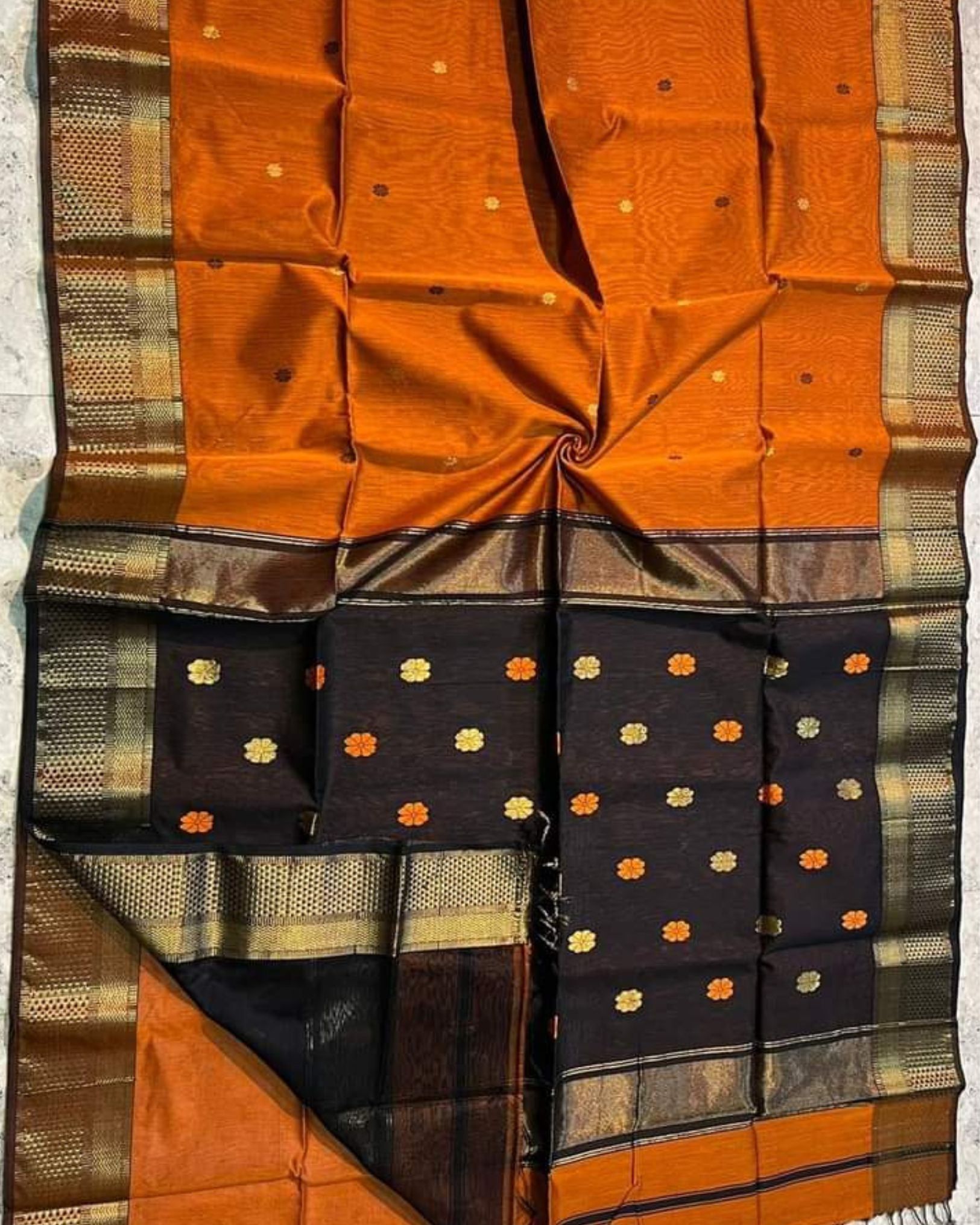 Fanciful Maheshwari Pure Handloom Silk Saree Orange