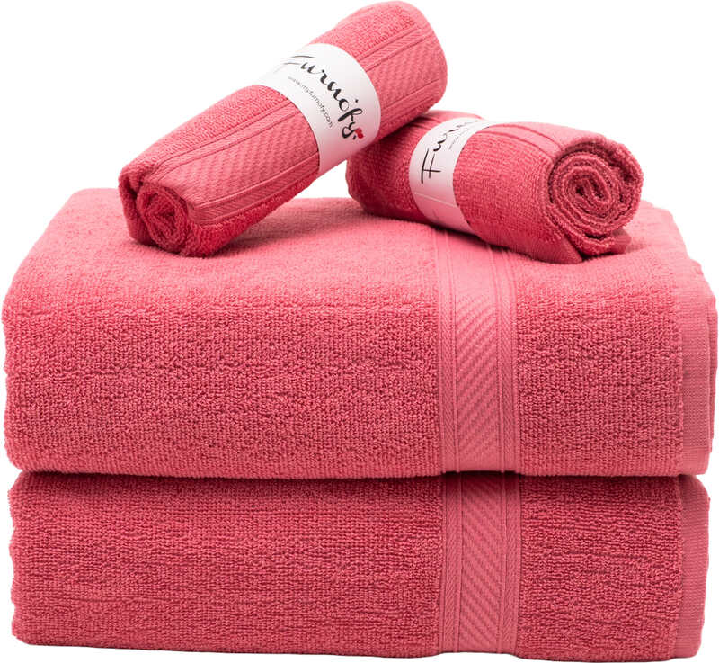 Furnofy Cotton 450 GSM Bath, Hand Towel Set Pink (Pack Of 4)