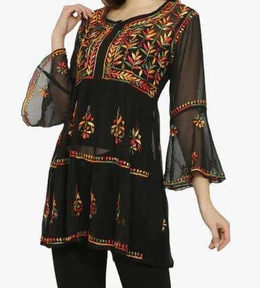 Lucknowi Chikankari Hand Embroidery Black Georgette Short Kurti