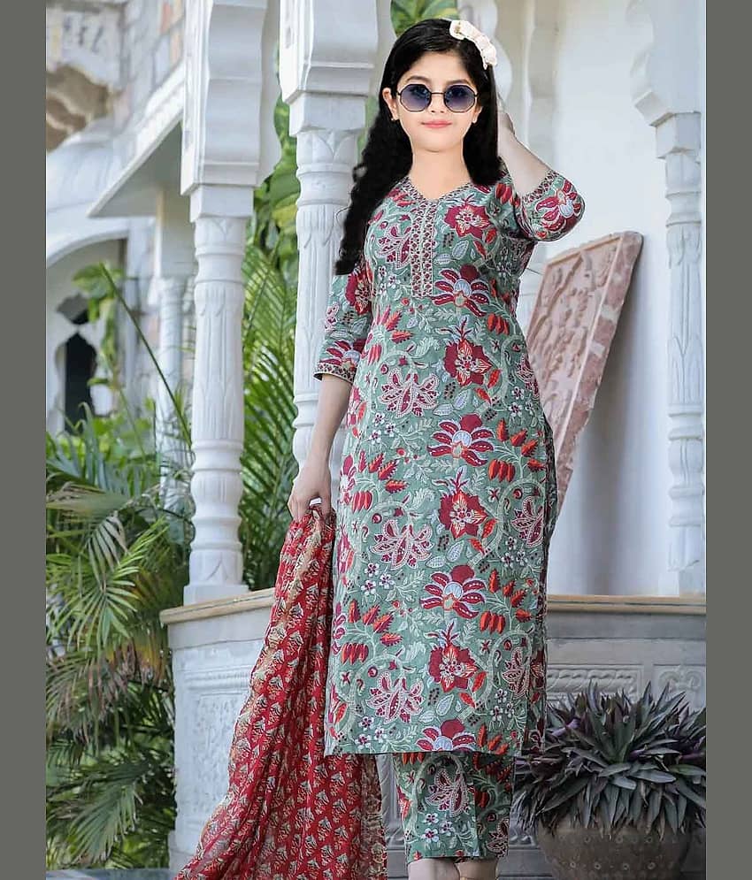 Aika Girls Cotton Blend Kurti with Pants ( Pack of 1 , Sea Green )