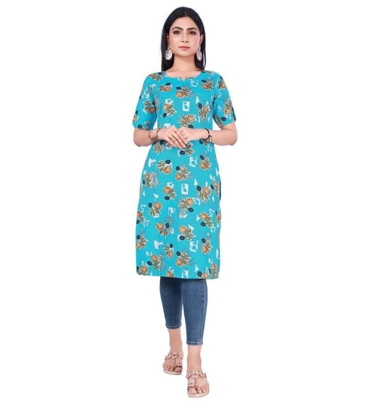 Women's Casual 3/4th Sleeve Printed Cotton Kurti (Blue, S)-PID46160