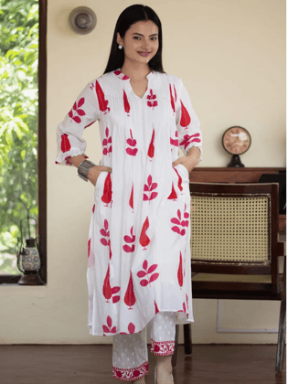 Hand Block Print Cotton Co-ord Set with Pintuck Yoke-M / Red