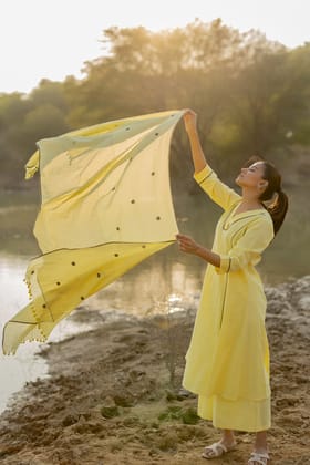 Light Lemon and Grey Kurta set with Jaamdani Dupatta-S