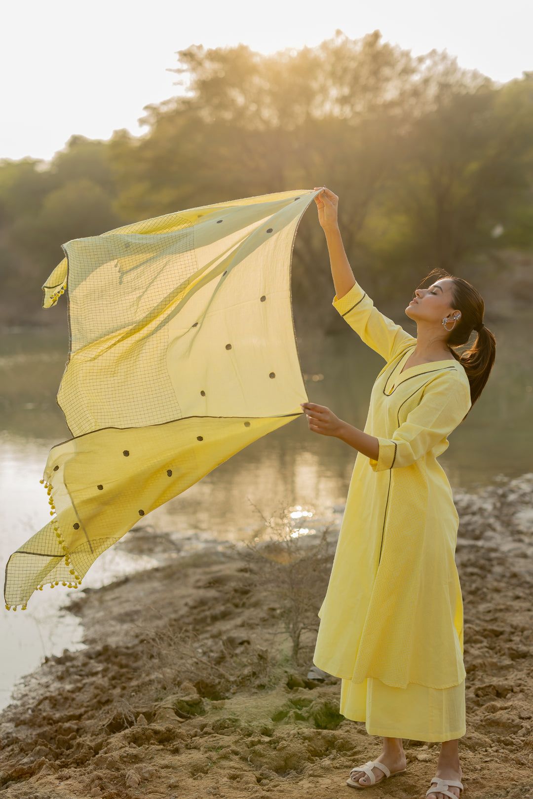 Light Lemon and Grey Kurta set with Jaamdani Dupatta-S