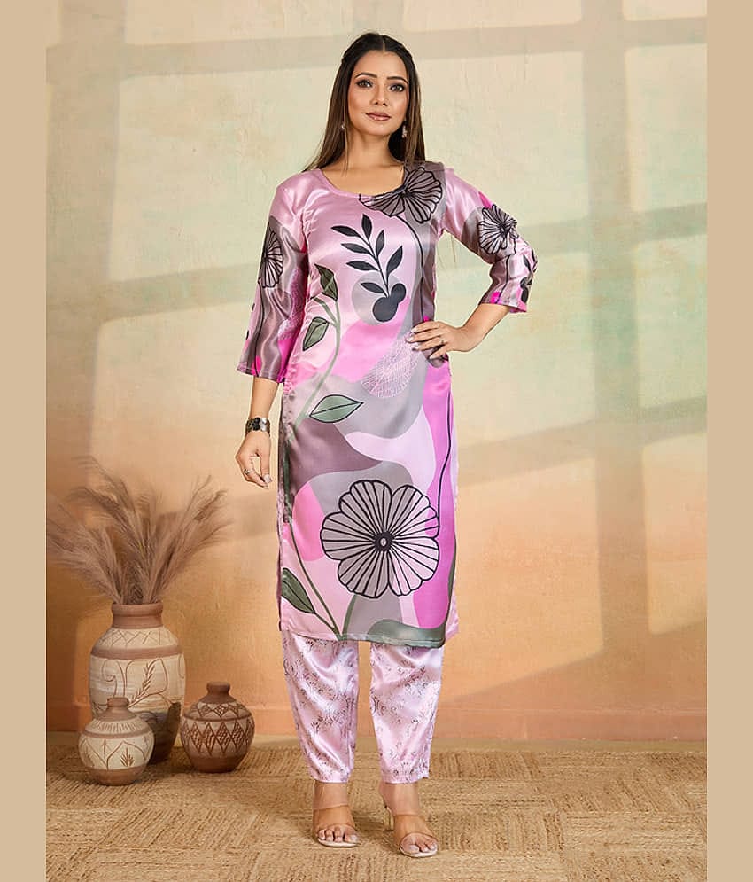 Women Basket Women Rayon Printed Straight Kurti With Pants ( Pink )
