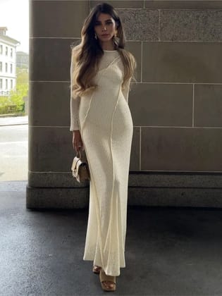 Off White Knitted Backless Maxi Dress-M / OFF WHITE