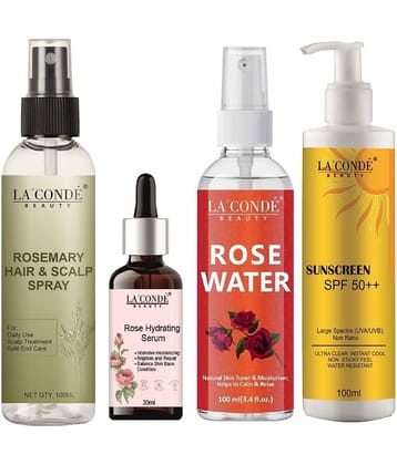 La'Conde Beauty Rosemary Water | Hair Spray For Regrowth 100ml, Rose Hydrating Serum for Brighten Skin 30ml, Natural Rose Water 100ml & Sunscreen Cream with SPF50+ 100ml - Combo of 4