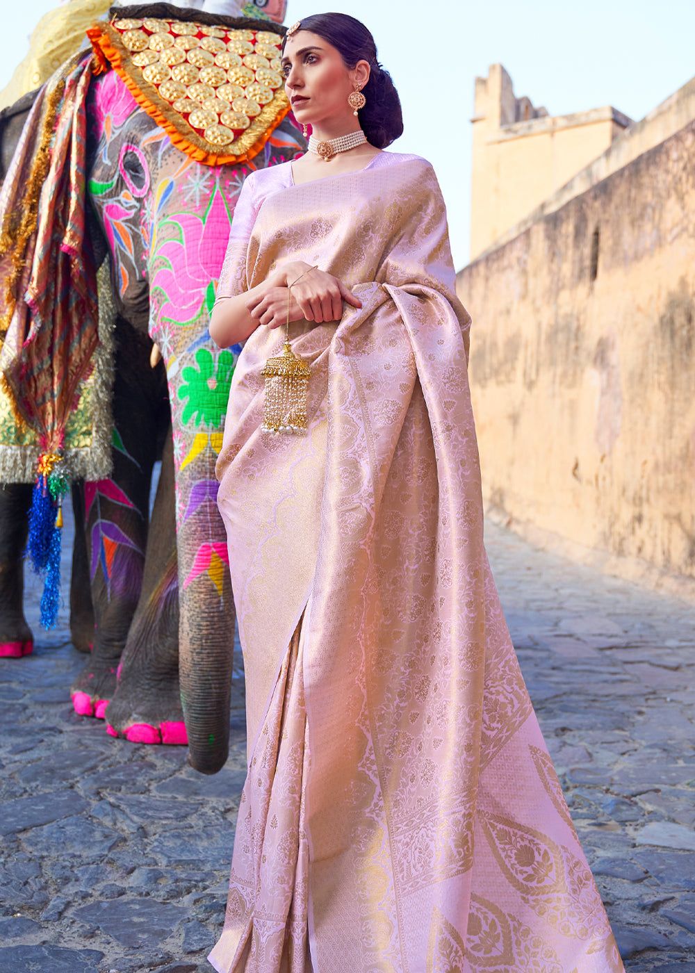 Royal Kanjivaram Roman Pink Woven Silk Saree