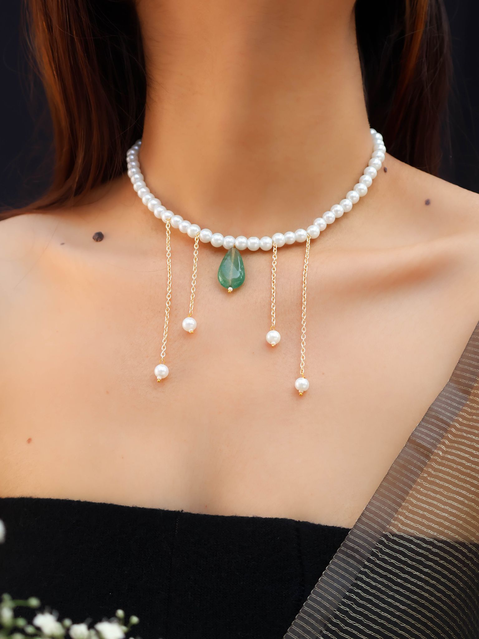 Zoe Pearls Green Drop Necklace-Green