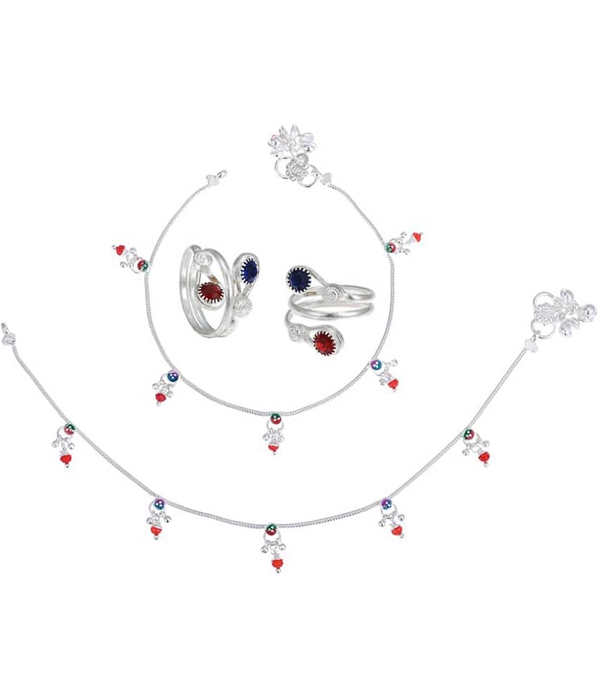 AanyaCentric Silver Plaed 1 Pair Anklet & 1 Pair Toe Ring Combo