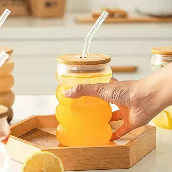 Drinking Glasses with Bamboo Lids and Glass Straw 400 ML Travel Sipper for Juice Water Smoothies Cocktail Beer Mugs Iced Coffee Milkshakes (Pack of 2)