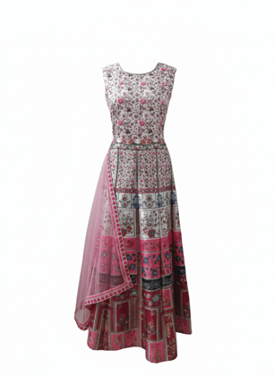 99ladies Store Contemporary Multi-Color Abstract Print Sleeveless Gown with Embellished Waistband