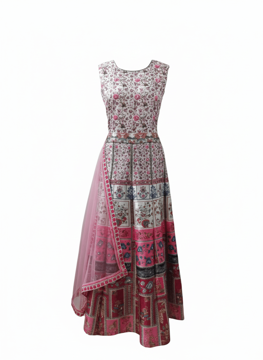 99ladies Store Contemporary Multi-Color Abstract Print Sleeveless Gown with Embellished Waistband