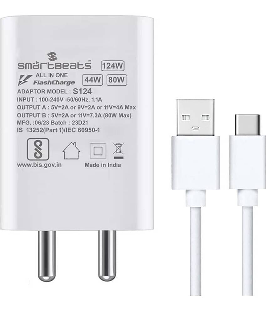 Supercharge 124 Watt 6A Flash Charging Super Fast Charger Adapter with USB Type-C Cable for Smartphones Tablets Vivo, Oppo , Samsung