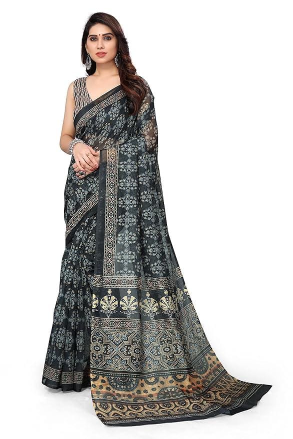 Women's Stylish Cotton Blend Ajrak Digital Printed Saree with Blouse Piece