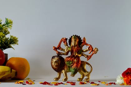 Brass Maa Durga MATA Rani Murti Idol Statue Sculpture (Color - Golden, Size - 5H*5.25L*2B) by Snova Enterprises