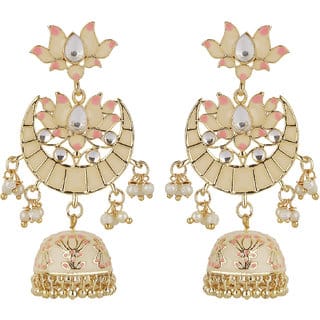 Small Lakshmi Lotus Chand Baali Earrings Golden Pink Brass Alloy Copper Material Earrings for Women's Fashion Jewelry