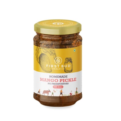 First Bud Organics Homemade Mango Pickle - 500gm | Authentic Indian Taste & Secret Rajashtani Receipe | Dry & Spicy Mango Pickle | Handmade With Fresh Ingreidents | Perfect For Meals & Snacks
