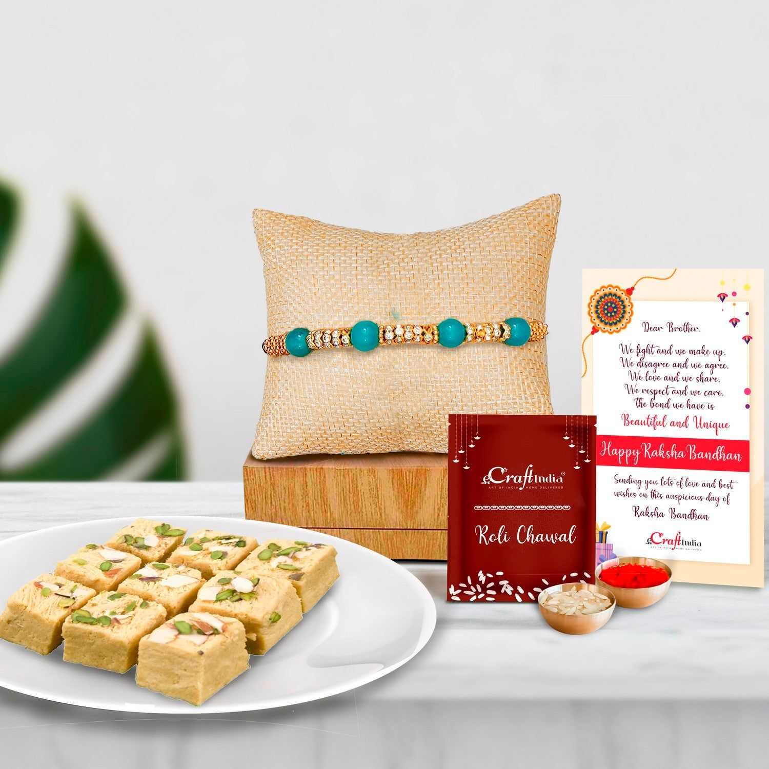 Designer Pearl Rakhi with Soan Papdi (500 Gm) and Roli Chawal Pack, Best Wishes Greeting Card