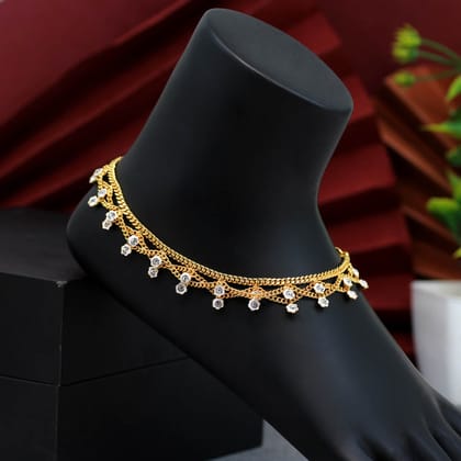 White Color Rhinestone Anklets-Anklet Length: 26.00 CM x Width: 1.50 CM / White / Brass With Good Quality Gold Plated