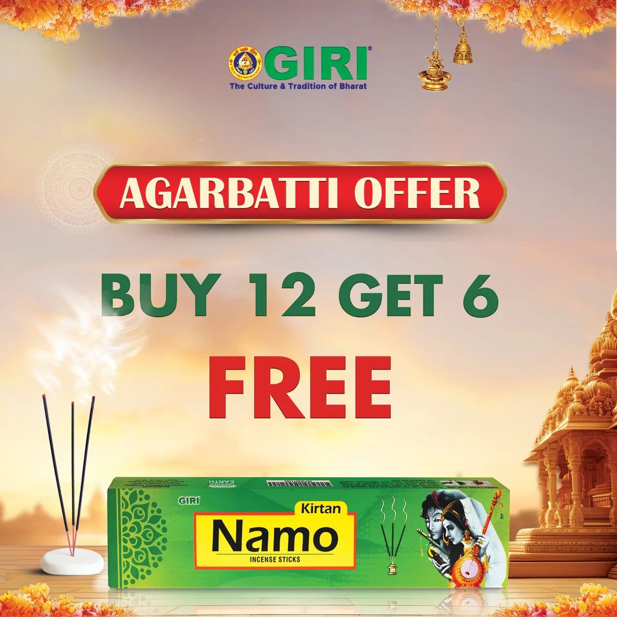 Giri Incense Sticks Pack | Buy 12 Get 6  | Scent Sticks Combo  | Agarbatti Pack  | Agarbathi Combo Pack for Pooja  | Scent: Namo Kirtan