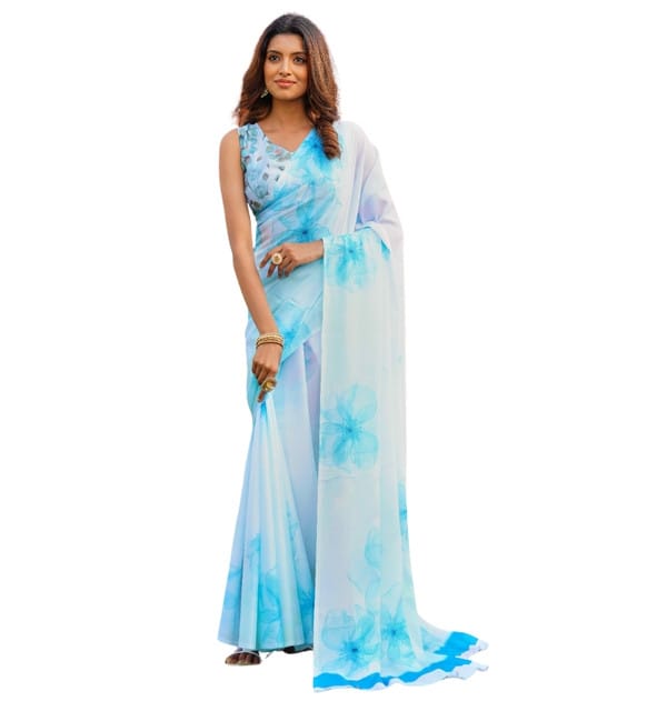 Generic Women's Georgette Floral Printed Saree with Unstitched Blouse Piece, Soft Lightweight 5.5 m Sari for Daily, Office and Wear (Off White-Skyblue, Design 67626)