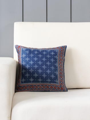 Modal Silk Ajrakh Cushion Cover Indigo, Madder & White - 12x12-12 Inches x 12 Inches / Modal silk / Indigo, White & Madder Red