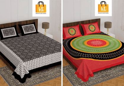 2201-Hometrade India- Standard Double Size (90*100 in )-Combo Jaipuri Double bedsheet With Matching Pillow Cover