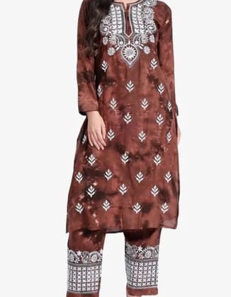 Lucknowi Chikankari Embroidered Rayon Tie-Dyed Brown Long Kurti plazzo set