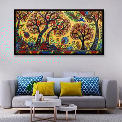 Luminary Folk Canopy – Madhubani Tree of Life Museum-Quality Cotton Canvas Art for Living Room Décor | Frame Size (127 X 69 Cm) | Frame Type (Black) | 5-Year Warranty