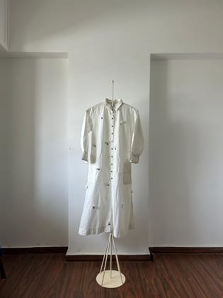 White Checkered Applique Dress with Pockets-M