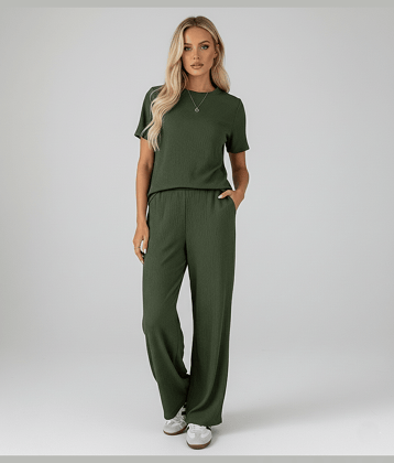 CUBIQ Women Solid T-Shirt With Trousers Co-Ord Set ( Beige )