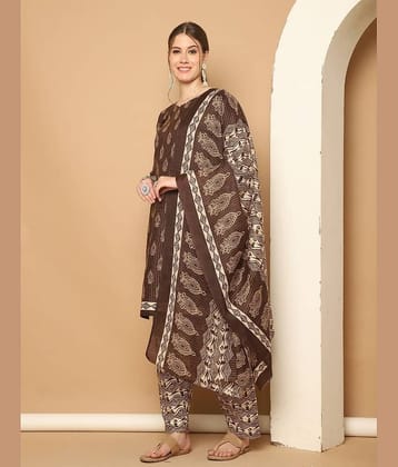 wonder weave Women Cotton Blend Printed Straight Kurti With Patiala Salwar ( Brown )