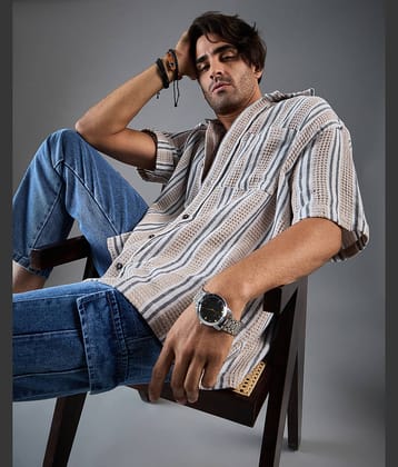 Chimpaaanzee Cotton Blend Oversized Fit Striped Half Sleeves Men's Casual Shirt - Beige ( Pack of 1 )