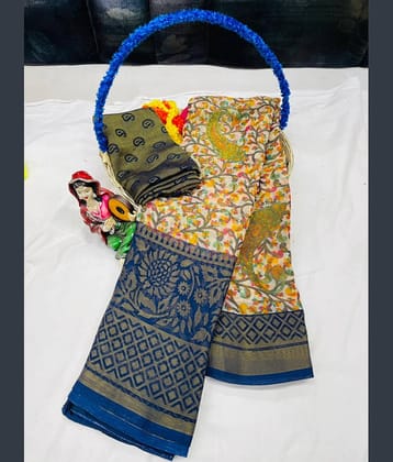 Sitanjali Brasso Printed Saree With Unstitched Blouse Piece ( Navy Blue )