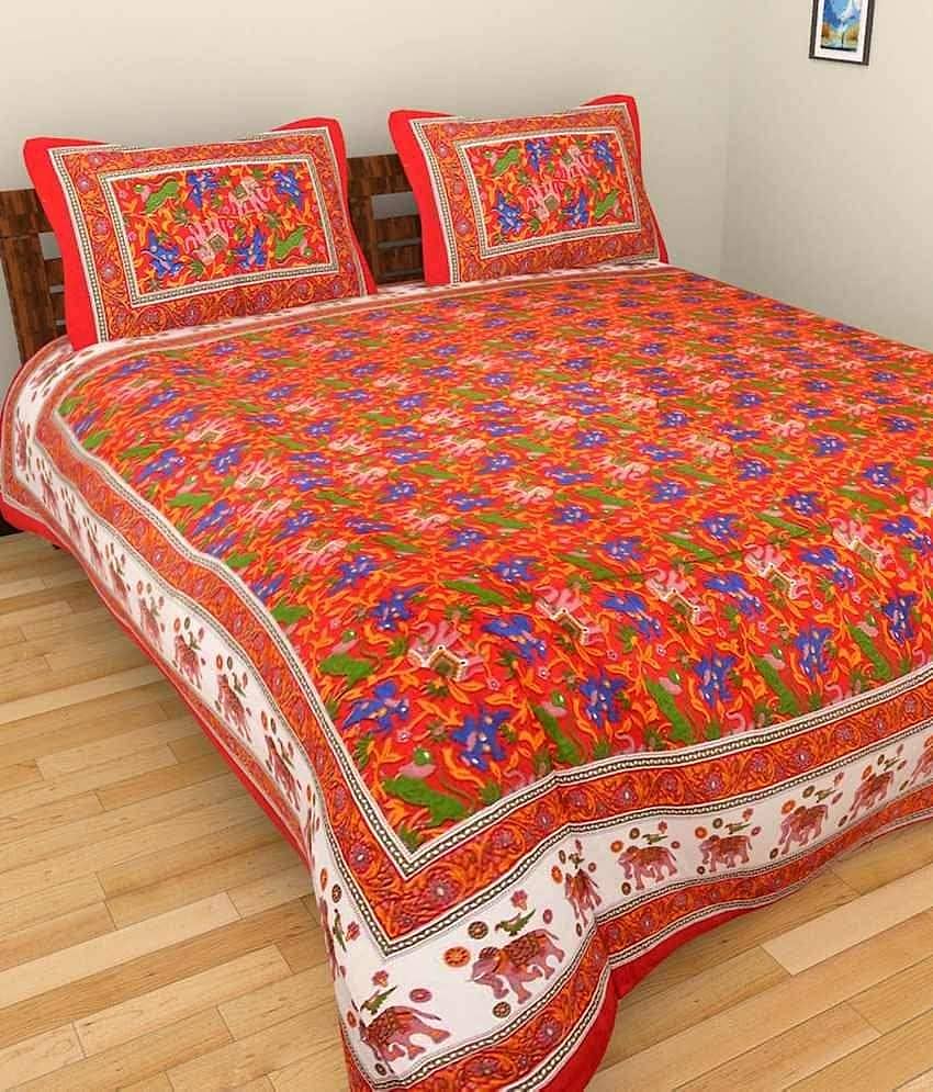 UniqChoice Rajasthani 100% Cotton Jaipuri Floral King Size 1 Double Bedsheet With 2 Pillow Cover