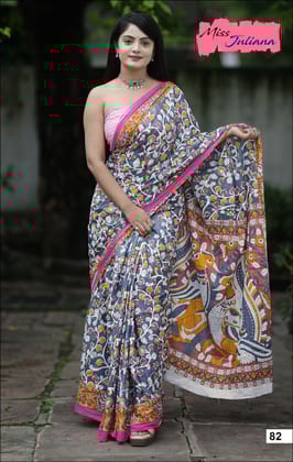 Handicraft Ladies Ikat Print Pure soft Cotton Sari With Blouse Piece-Gray