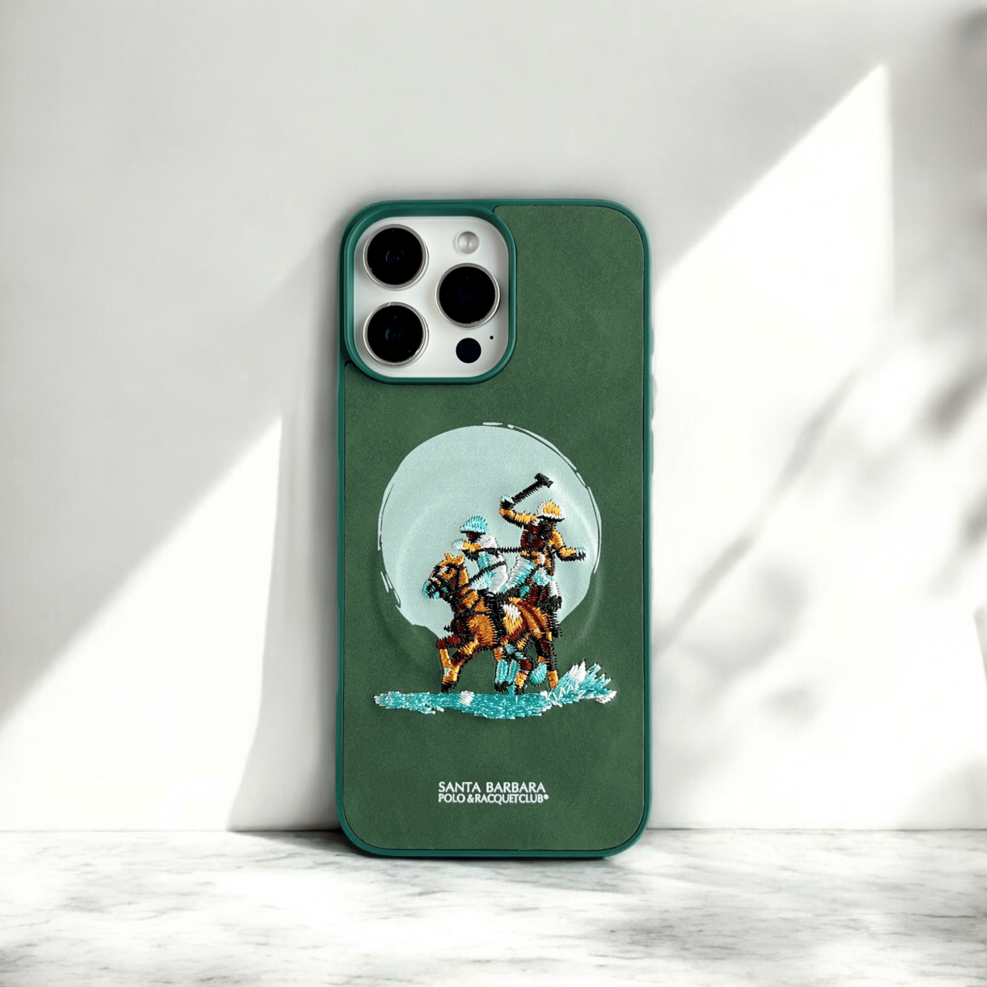 Santa Barbara Green Phone Case with Embroidered Polo Players-iPhone 16 Plus