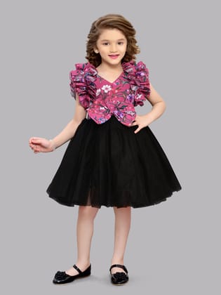 Pink Chick Floral Printed  Party Dress-2-3Y / Black