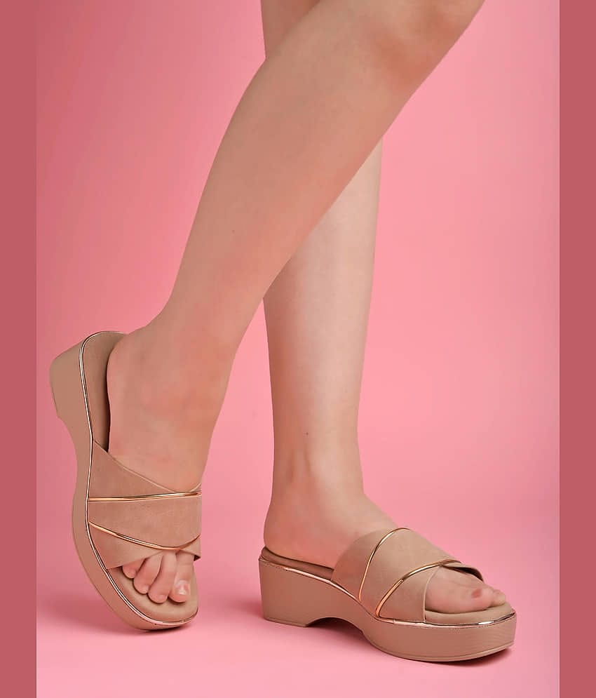 Shoetopia Beige Women's Slip On Heels
