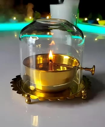 Gold Brass Akhand Jyoth Diya With Glass Cover | Deep Golden Pooja Deepak Diya With Wick Lifting Screw Lever | Perfect For Diwali, Navratri And Decoration
