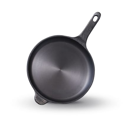 Kichera Pre-Seasoned Cast Iron Fry Pan with Long Handle | Super Smooth & Naturally Non-Stick | Induction Base Omelette & Shallow Fry Pan